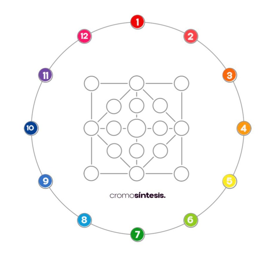 Mapa de color del modelo Cromosíntesis: un círculo con doce colores numerados y, al centro, la estructura de nodos y conexiones del modelo.